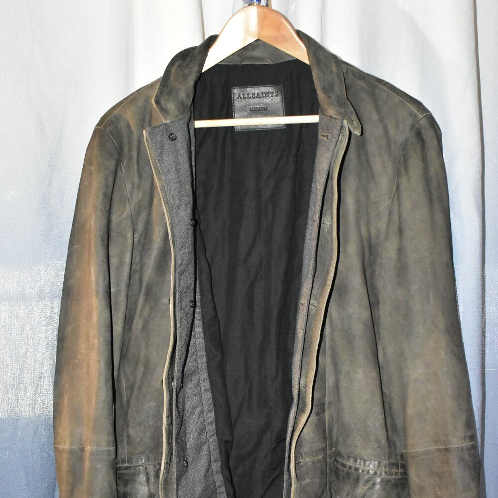 All Saints Aged Leather Jacket with Double Collar Lining
